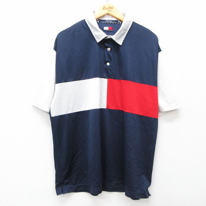 XL★古着 トミーヒルフィガー TOMMY HILFIGER トミージーンズ 半袖 ブランド ポロ シャツ メンズ 90年代 90s 大きいサイズ 紺他 ネイビー 25apr26 中古 トップス