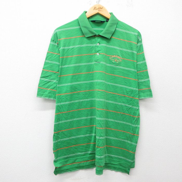 XL★古着 ラルフローレン Ralph Lauren ポロゴルフ 半袖 ブランド ポロ シャツ メンズ 90年代 90s ワンポイントロゴ 大きいサイズ コットン 緑他 グリーン ボーダー 25apr26 中古 トップス
