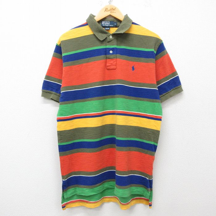 L★古着 ラルフローレン Ralph Lauren 半袖 ブランド ポロ シャツ メンズ 90年代 90s ワンポイントロゴ 鹿の子 マルチカラー コットン 緑他 グリーン ボーダー 25apr26 中古 トップス