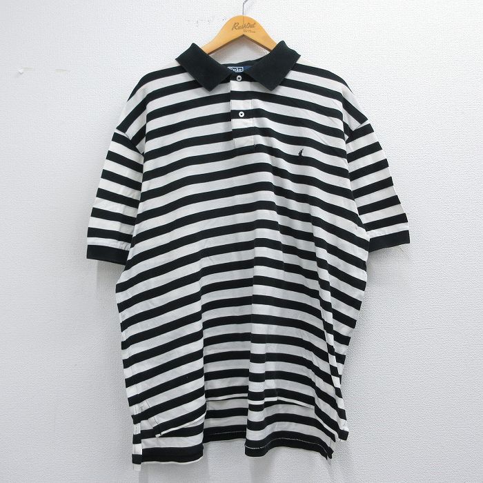 【20%OFF】XL★古着 ラルフローレン Ralph Lauren 半袖 ブランド ポロ シャツ メンズ 90年代 90s ワンポイントロゴ 鹿の子 大きいサイズ コットン 黒他 ブラック ボーダー 25apr26 中古 トップス