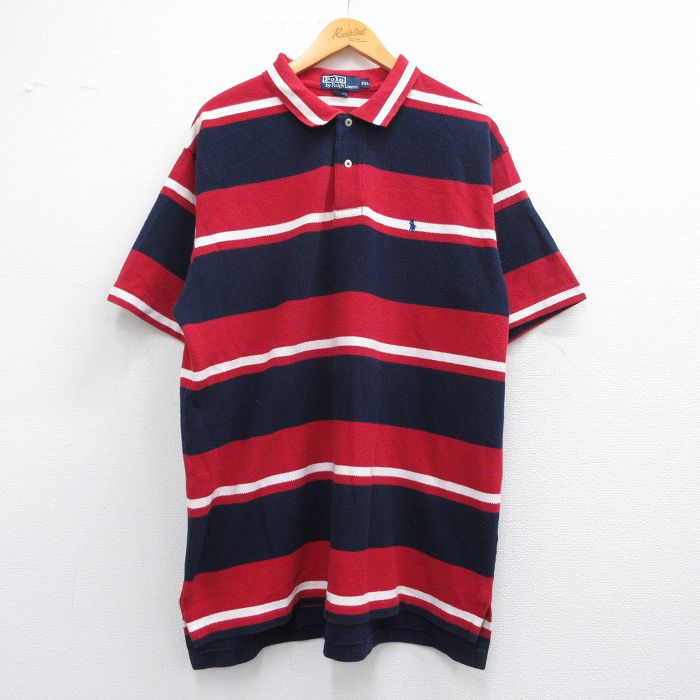 XL★古着 ラルフローレン Ralph Lauren 半袖 ブランド ポロ シャツ メンズ 90年代 90s ワンポイントロゴ 鹿の子 大きいサイズ コットン 赤他 レッド ボーダー 25apr26 中古 トップス