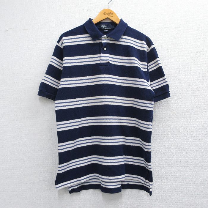 XL★古着 ラルフローレン Ralph Lauren 半袖 ブランド ポロ シャツ メンズ 90年代 90s ワンポイントロゴ 鹿の子 コットン 紺他 ネイビー ボーダー 25apr26 中古 トップス