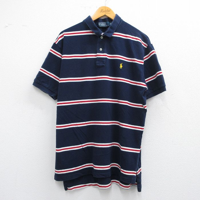 XL★古着 ラルフローレン Ralph Lauren 半袖 ブランド ポロ シャツ メンズ 90年代 90s ワンポイントロゴ 鹿の子 コットン 紺他 ネイビー ボーダー 25apr26 中古 トップス