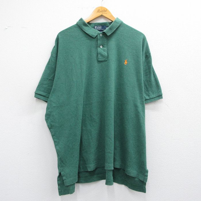 【50%OFF】XL★古着 ラルフローレン Ralph Lauren 半袖 ブランド ポロ シャツ メンズ 90年代 90s ワンポイントロゴ 大きいサイズ コットン 緑 グリーン 霜降り 25apr26 中古 トップス