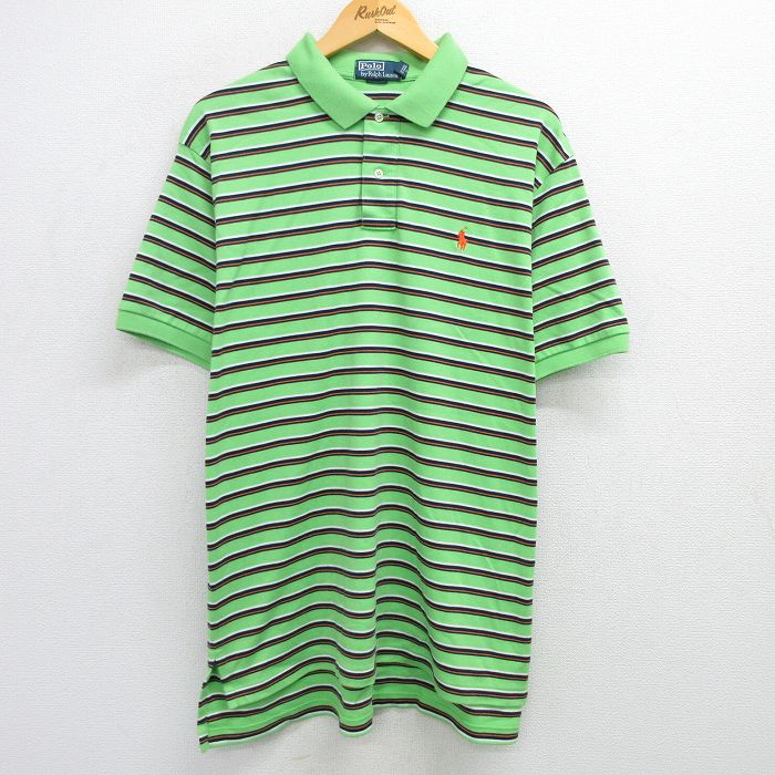 【50%OFF】XL★古着 ラルフローレン Ralph Lauren 半袖 ブランド ポロ シャツ メンズ 90年代 90s ワンポイントロゴ 大きいサイズ コットン 黄緑他 ボーダー 25apr28 中古 トップス