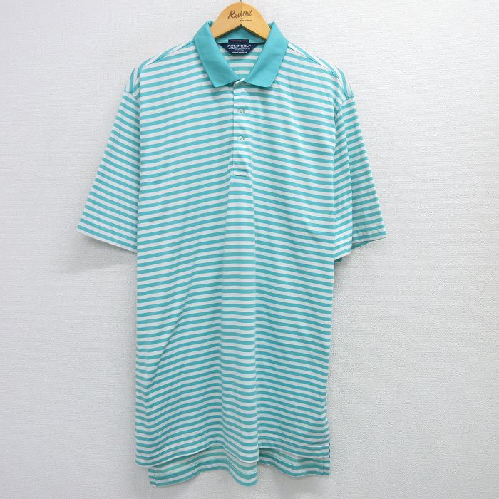 ラルフローレン 90s 半袖ポロシャツ ボーダー ライトブルー XL | 古着