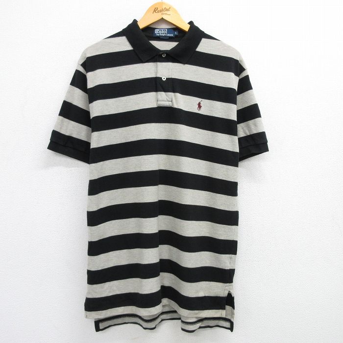 XL★古着 ラルフローレン Ralph Lauren 半袖 ブランド ポロ シャツ メンズ 90年代 90s ワンポイントロゴ ロング丈 黒他 ブラック ボーダー 25apr28 中古 トップス