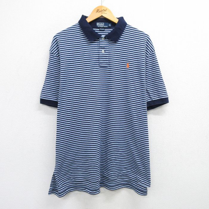 XL★古着 ラルフローレン Ralph Lauren 半袖 ブランド ポロ シャツ メンズ 90年代 90s ワンポイントロゴ 大きいサイズ コットン 紺他 ネイビー ボーダー 25apr28 中古 トップス