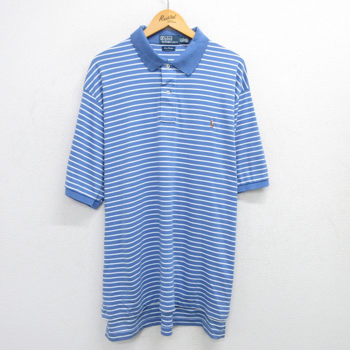 XL★古着 ラルフローレン Ralph Lauren 半袖 ブランド ポロ シャツ メンズ 90年代 90s ワンポイントロゴ ロング丈 コットン 薄紺他 ネイビー 25apr28 中古 トップス