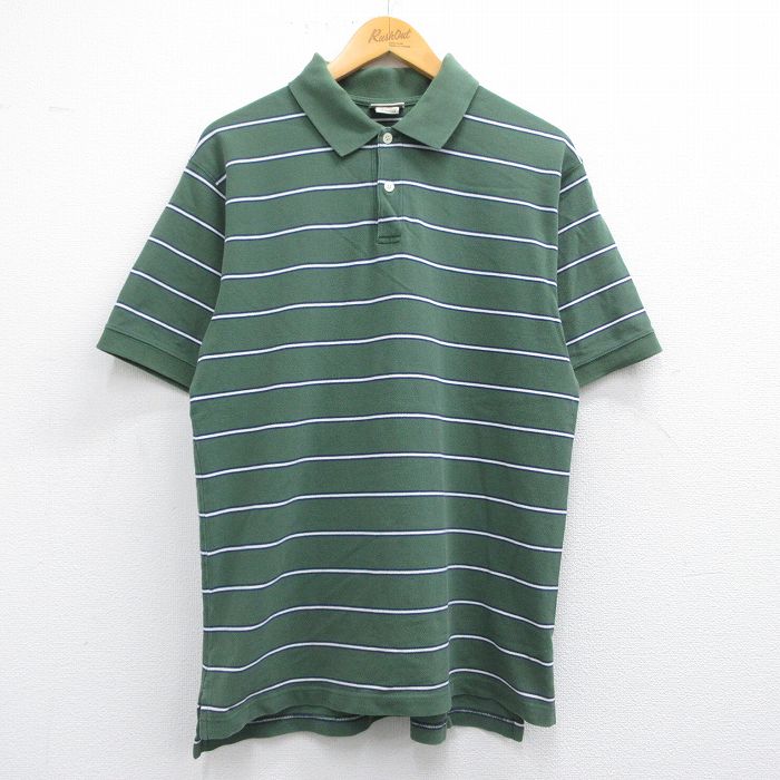 L★古着 エルエルビーン LLBEAN 半袖 ブランド ポロ シャツ メンズ 00年代 00s 鹿の子 コットン 緑他 グリーン ボーダー 25may16 中古 トップス
