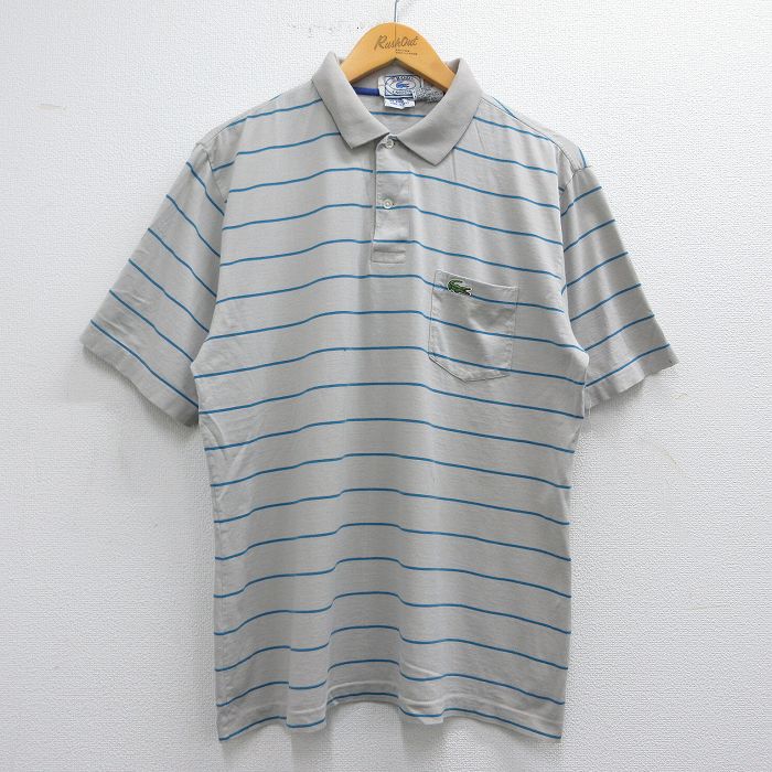 L★古着 ラコステ LACOSTE IZOD 半袖 ブランド ポロ シャツ メンズ 90年代 90s ワンポイントロゴ コットン グレー他 ボーダー 25may16 中古 トップス