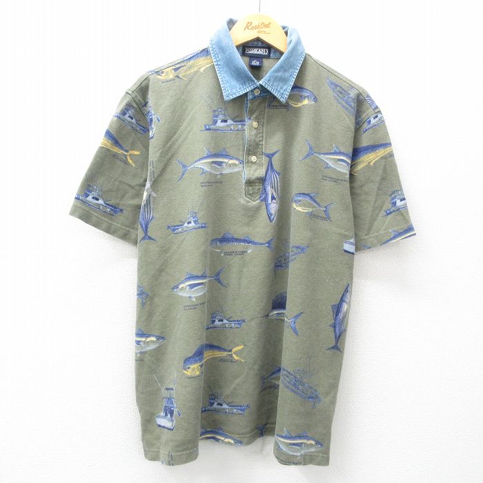 XL★古着 ランズエンド 半袖 ブランド ポロ シャツ メンズ 00年代 00s 魚 総柄 襟デニム 鹿の子 大きいサイズ コットン 緑他 グリーン 【spe】 25may16 中古 トップス