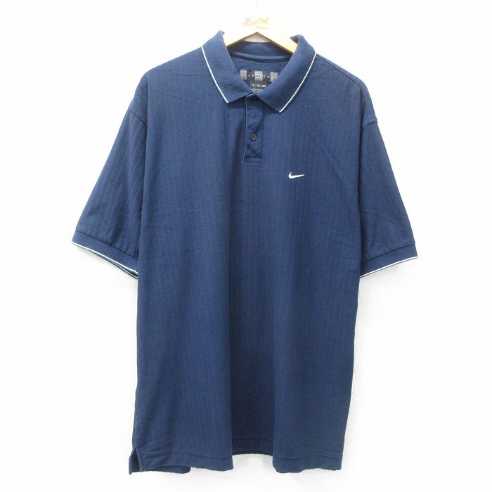 XL★古着 ナイキ NIKE 半袖 ブランド ポロ シャツ メンズ 00年代 00s ゴルフ ワンポイントロゴ ロング丈 大きいサイズ 紺他 ネイビー 25may16 中古 トップス