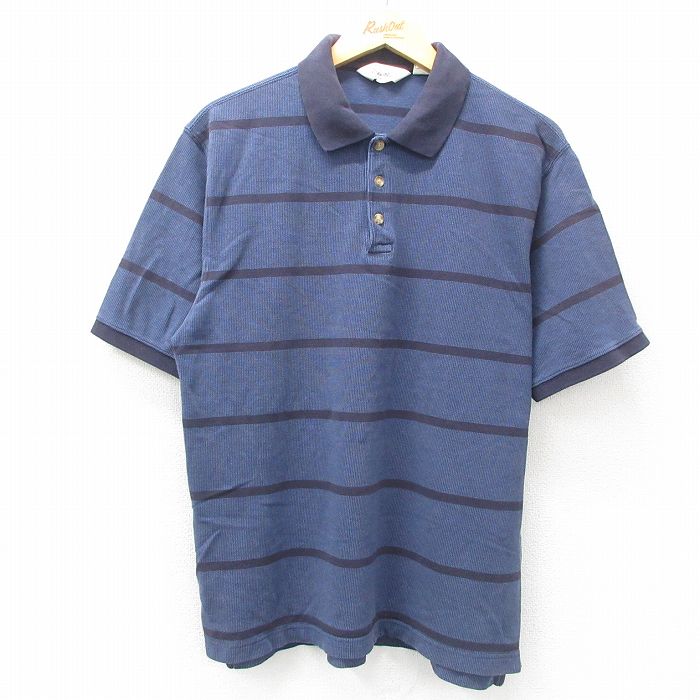 L★古着 エディーバウアー 半袖 ブランド ポロ シャツ メンズ 00年代 00s コットン 紺他 ネイビー ボーダー 25may16 中古 トップス