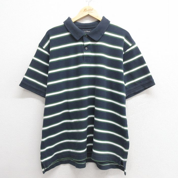 XL★古着 エルエルビーン LLBEAN 半袖 ブランド ポロ シャツ メンズ 鹿の子 大きいサイズ コットン 濃紺他 ネイビー ボーダー 25may27 中古 トップス