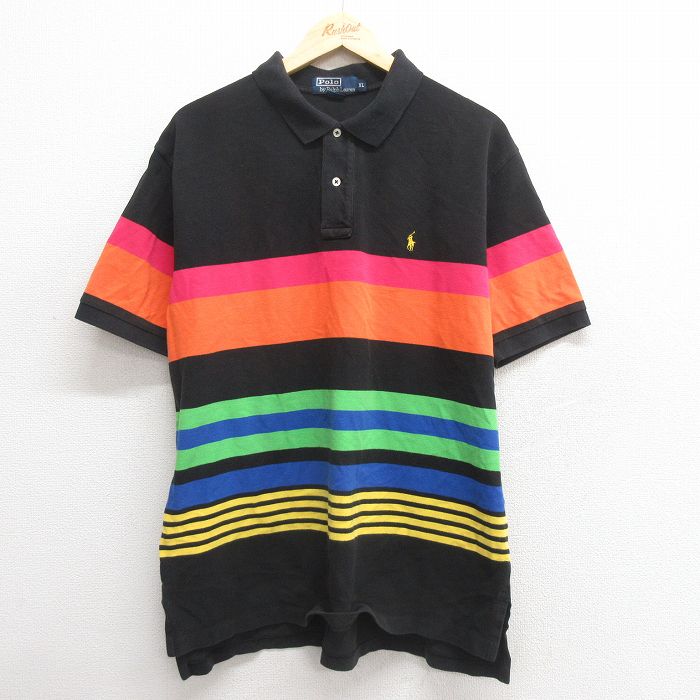 XL★古着 ラルフローレン Ralph Lauren 半袖 ブランド ポロ シャツ メンズ ワンポイントロゴ 鹿の子 大きいサイズ マルチカラー コットン 黒他 ブラック ストライプ 【spe】 25may27 中古 トップス