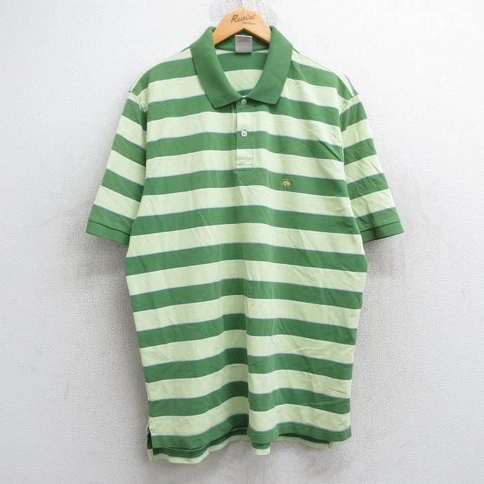 L★古着 ブルックスブラザーズ BROOKS BROTHERS 半袖 ブランド ポロ シャツ メンズ ワンポイントロゴ コットン 大きいサイズ 緑他 グリーン ボーダー 【spe】 25may28 中古 トップス