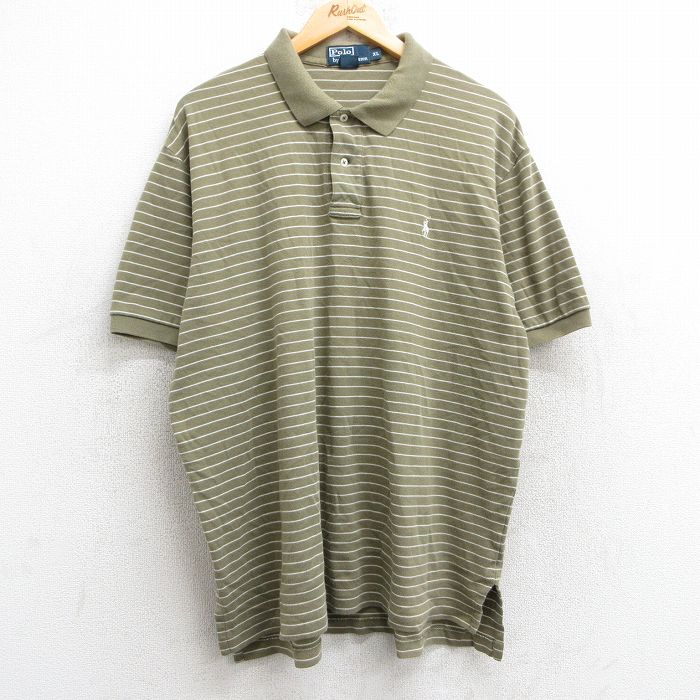 XL★古着 ラルフローレン Ralph Lauren 半袖 ブランド ポロ シャツ メンズ 90年代 90s ワンポイントロゴ 大きいサイズ コットン 濃ベージュ他 カーキ ボーダー 25may28 中古 トップス