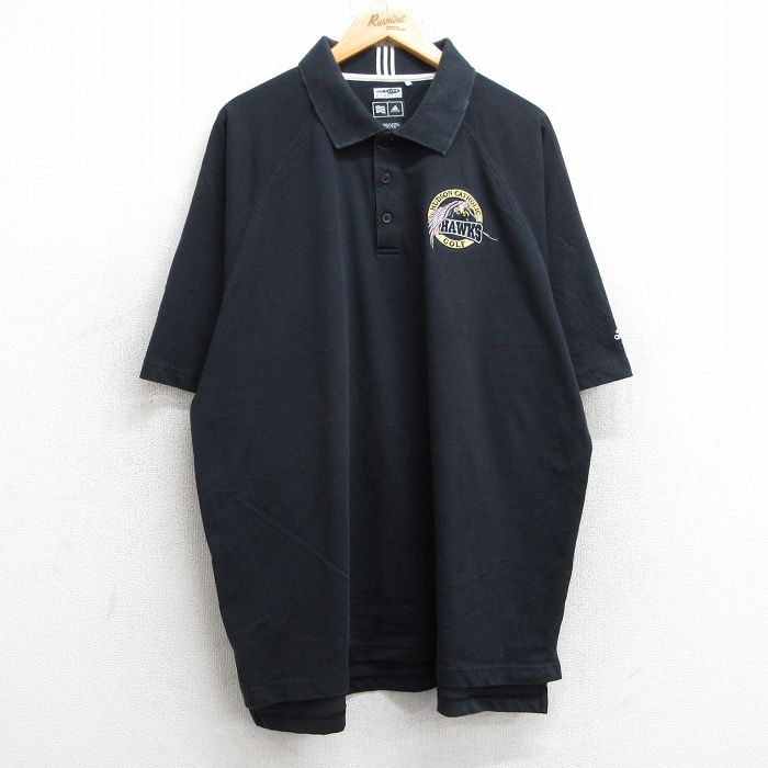 XL★古着 アディダス adidas 半袖 ブランド ポロ シャツ メンズ 鳥 ドルフ HAWKS ラグラン 大きいサイズ ロング丈 黒 ブラック 25may28 中古 トップス