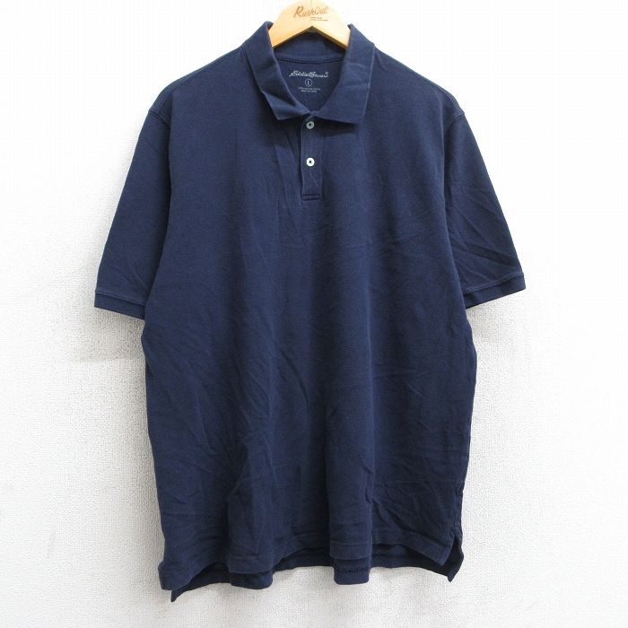 L★古着 エディーバウアー 半袖 ブランド ポロ シャツ メンズ コットン 鹿の子 紺 ネイビー 25may28 中古 トップス