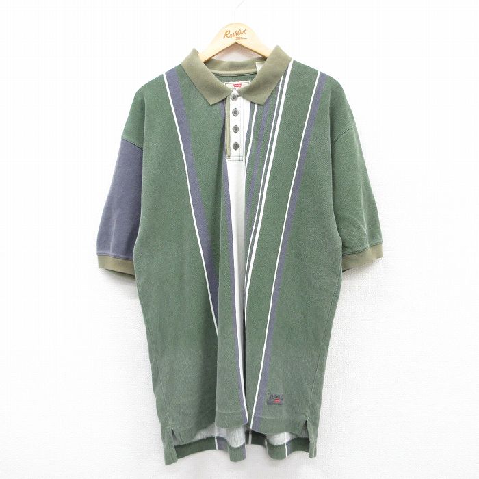 XL★古着 リーバイス Levis 半袖 ブランド ポロ シャツ メンズ 90年代 90s 鹿の子 大きいサイズ コットン 緑他 グリーン ストライプ 25jun02 中古 トップス