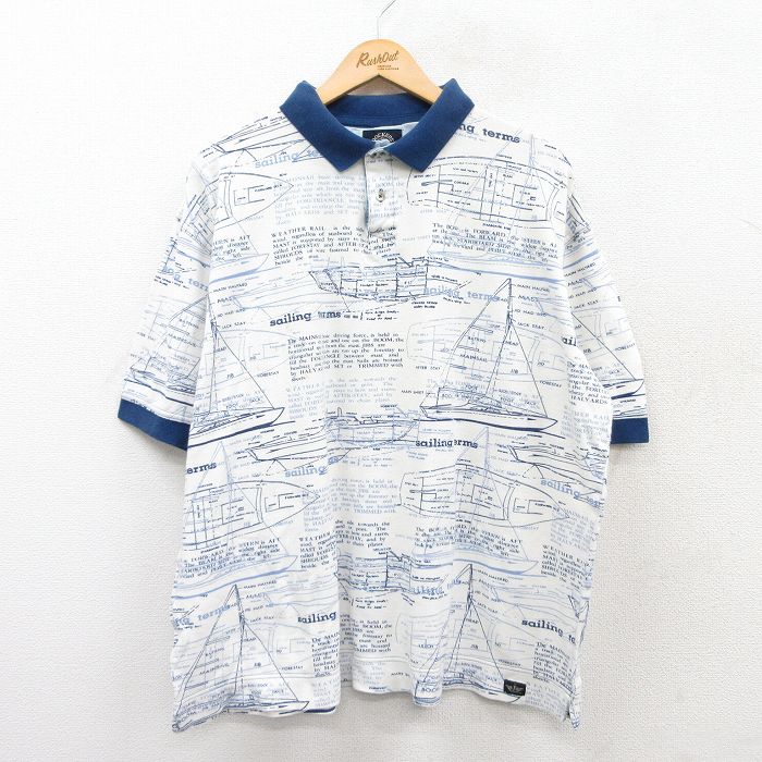 【50%OFF】XL★古着 ドッカーズ 半袖 ブランド ポロ シャツ メンズ 90年代 90s ヨット 総柄 鹿の子 大きいサイズ コットン 白他 ホワイト 25jun02 中古 トップス