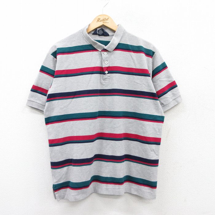 XL★古着 ランズエンド 半袖 ブランド ポロ シャツ メンズ 90年代 90s 鹿の子 大きいサイズ コットン USA製 グレー他 ボーダー 25jun02 中古 トップス