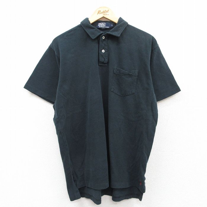 XL★古着 ラルフローレン Ralph Lauren 半袖 ブランド ポロ シャツ メンズ 90年代 90s ワンポイントロゴ 裾ロゴ 鹿の子 コットン 黒 ブラック 25jun02 中古 トップス