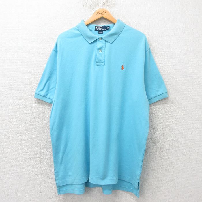XL★古着 ラルフローレン Ralph Lauren 半袖 ブランド ポロ シャツ メンズ 90年代 90s ワンポイントロゴ 大きいサイズ コットン 水色 25jun04 中古 トップス
