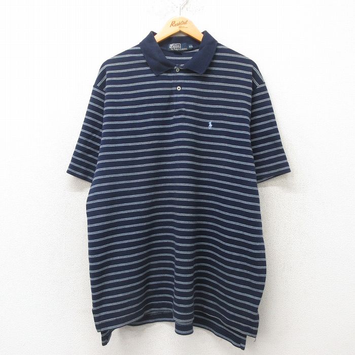 XL★古着 ラルフローレン Ralph Lauren 半袖 ブランド ポロ シャツ メンズ ワンポイントロゴ 大きいサイズ コットン 紺 ネイビー ボーダー 25jun04 中古 トップス
