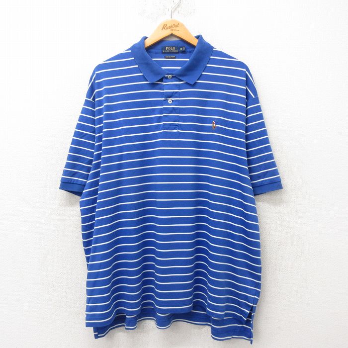 【50%OFF】XL★古着 ラルフローレン Ralph Lauren 半袖 ブランド ポロ シャツ メンズ ワンポイントロゴ 大きいサイズ コットン 青 ブルー ボーダー 25jun04 中古 トップス