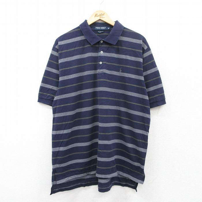 XL★古着 ラルフローレン Ralph Lauren ポロゴルフ 半袖 ブランド ポロ シャツ メンズ 90年代 90s ワンポイントロゴ 鹿の子 大きいサイズ コットン 紺他 ネイビー ボーダー 25jun05 中古 トップス