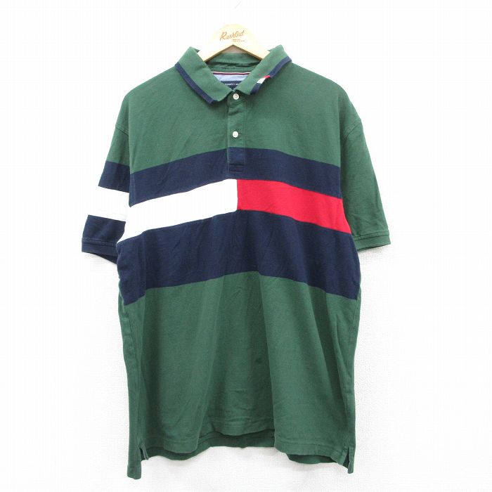 XL★古着 トミーヒルフィガー TOMMY HILFIGER 半袖 ブランド ポロ シャツ メンズ 90年代 90s 鹿の子 大きいサイズ コットン 緑他 グリーン 25jun05 中古 トップス