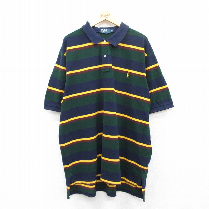 XL★古着 ラルフローレン Ralph Lauren 半袖 ブランド ポロ シャツ メンズ 90年代 90s ワンポイントロゴ 鹿の子 大きいサイズ ロング丈 コットン 紺他 ネイビー ボーダー 25jun05 中古 トップス