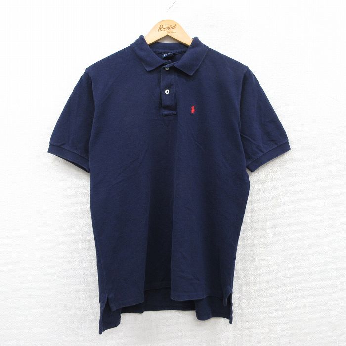 XL★古着 ラルフローレン Ralph Lauren 半袖 ブランド ポロ シャツ メンズ 90年代 90s ワンポイントロゴ 鹿の子 コットン USA製 紺 ネイビー 25jun05 中古 トップス