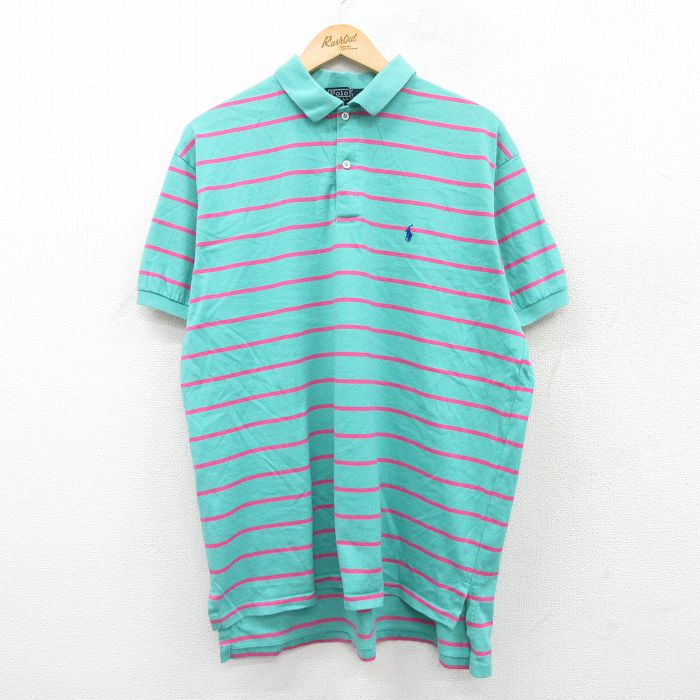 【20%OFF】XL★古着 ラルフローレン Ralph Lauren 半袖 ブランド ポロ シャツ メンズ 90年代 90s ワンポイントロゴ 大きいサイズ コットン USA製 青緑他 ボーダー 【spe】 25jun05 中古 トップス