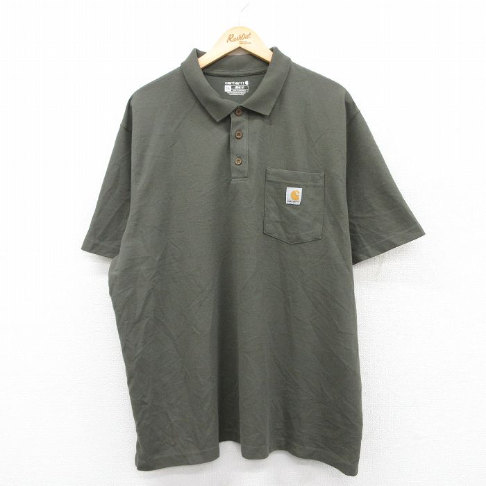 XL★古着 カーハート Carhartt 半袖 ブランド ポロ シャツ メンズ ワンポイントロゴ 大きいサイズ 濃緑 グリーン 25jun05 中古 トップス