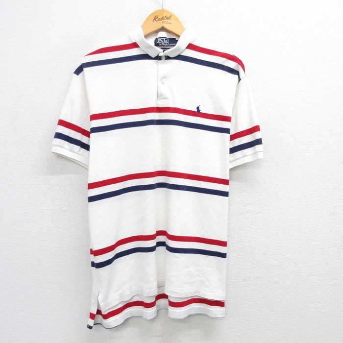 XL★古着 ラルフローレン Ralph Lauren 半袖 ブランド ポロ シャツ メンズ 90年代 90s ワンポイントロゴ 大きいサイズ コットン USA製 白他 ホワイト ボーダー 25jun06 中古 トップス