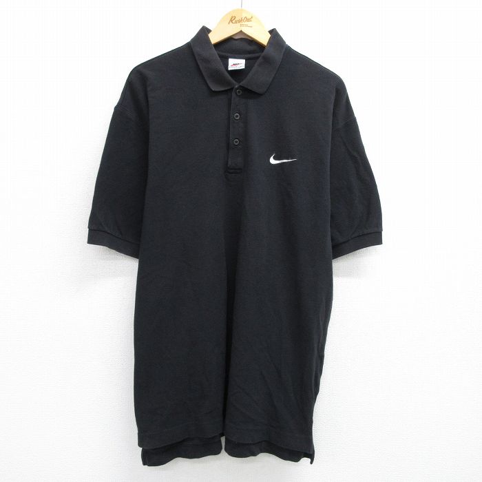 【20%OFF】XL★古着 ナイキ NIKE 半袖 ブランド ポロ シャツ メンズ 00年代 00s ワンポイントロゴ 鹿の子 大きいサイズ ロング丈 コットン 黒 ブラック 25jun06 中古 トップス