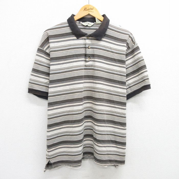 【20%OFF】XL★古着 エディーバウアー 半袖 ブランド ポロ シャツ メンズ 00年代 00s 鹿の子 大きいサイズ コットン ベージュ系他 カーキ ボーダー 【spe】 25jun06 中古 トップス