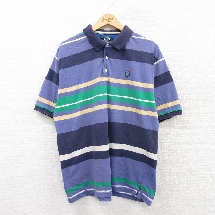 【50%OFF】XL★古着 ラルフローレン Ralph Lauren チャップス 半袖 ブランド ポロ シャツ メンズ 80年代 80s ワンポイントロゴ 大きいサイズ コットン 薄紺他 ネイビー ボーダー 25jun17 中古 トップス