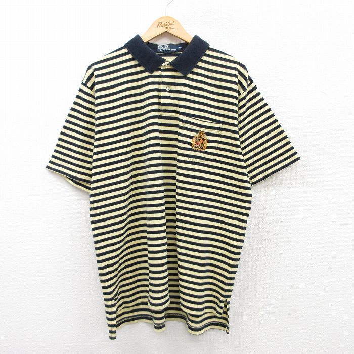 XL★古着 ラルフローレン Ralph Lauren 半袖 ブランド ポロ シャツ メンズ 90年代 90s ワンポイントロゴ 鹿の子 大きいサイズ コットン 薄黄他 イエロー ボーダー 25jun17 中古 トップス