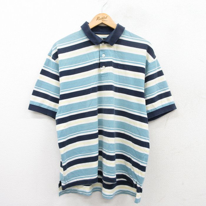 【50%OFF】XL★古着 ナイキ NIKE 半袖 ブランド ポロ シャツ メンズ 00年代 00s ゴルフ ワンポイントロゴ 鹿の子 コットン 水色他 ボーダー 25jun17 中古 トップス