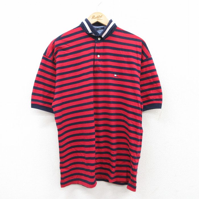 XL★古着 トミーヒルフィガー TOMMY HILFIGER 半袖 ブランド ポロ シャツ メンズ 90年代 90s ワンポイントロゴ コットン 赤他 レッド ボーダー 25jun17 中古 トップス