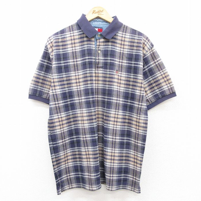 トミーヒルフィガー 90s 半袖ポロシャツ ワンポイントロゴ ネイビーチェック L | 古着