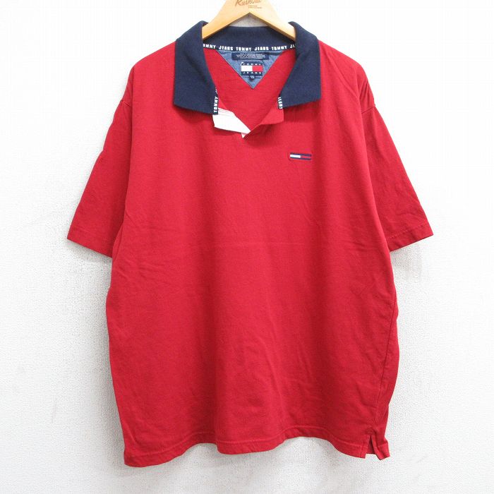 XL★古着 トミーヒルフィガー TOMMY HILFIGER トミージーンズ 半袖 ブランド ポロ シャツ メンズ 90年代 90s ワンポイントロゴ 大きいサイズ コットン 開襟 オープンカラー 赤他 レッド 25jun18 中古 トップス