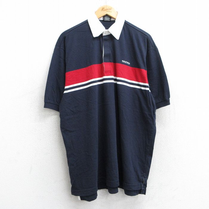 【50%OFF】XL★古着 ノーティカ NAUTICA 半袖 ブランド ポロ シャツ メンズ ワンポイントロゴ コンペティション 大きいサイズ コットン 紺他 ネイビー 25jun18 中古 トップス