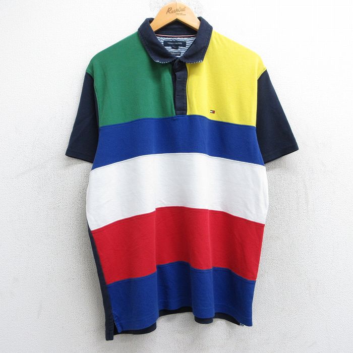 XL★古着 トミーヒルフィガー TOMMY HILFIGER 半袖 ブランド ポロ シャツ メンズ ワンポイントロゴ マルチカラー 鹿の子 コットン 黄他 イエロー 25jun18 中古 トップス