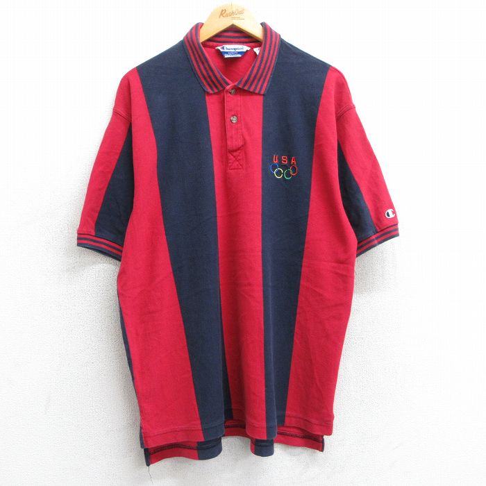 【50%OFF】XL★古着 チャンピオン champion 半袖 ブランド ポロ シャツ メンズ 90年代 90s USAオリンピック ツートンカラー 鹿の子 コットン 赤他 レッド ストライプ 25jun18 中古 トップス