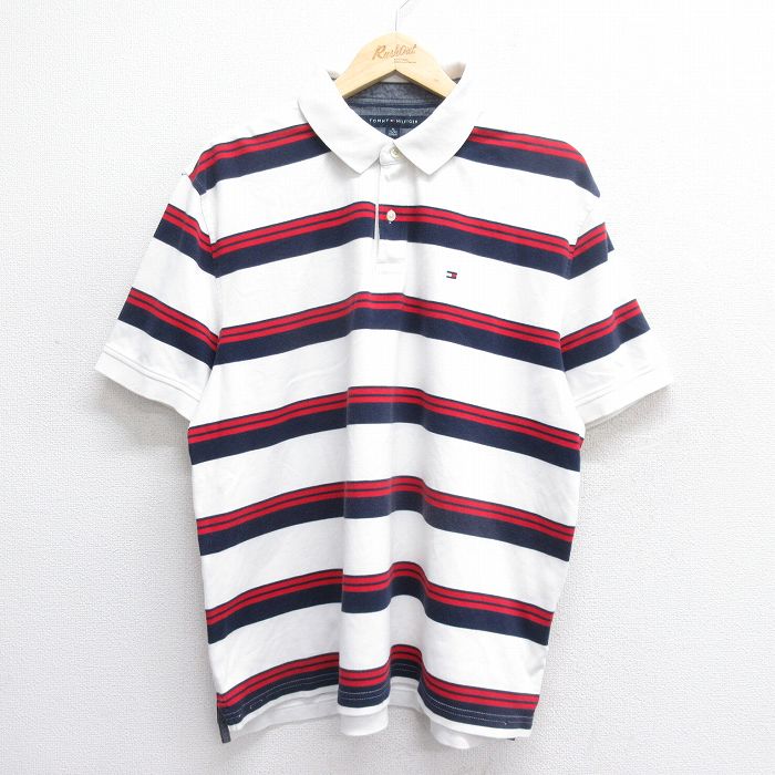 XL★古着 トミーヒルフィガー TOMMY HILFIGER 半袖 ブランド ポロ シャツ メンズ ワンポイントロゴ 大きいサイズ コットン 白他 ホワイト ボーダー 25jun19 中古 トップス